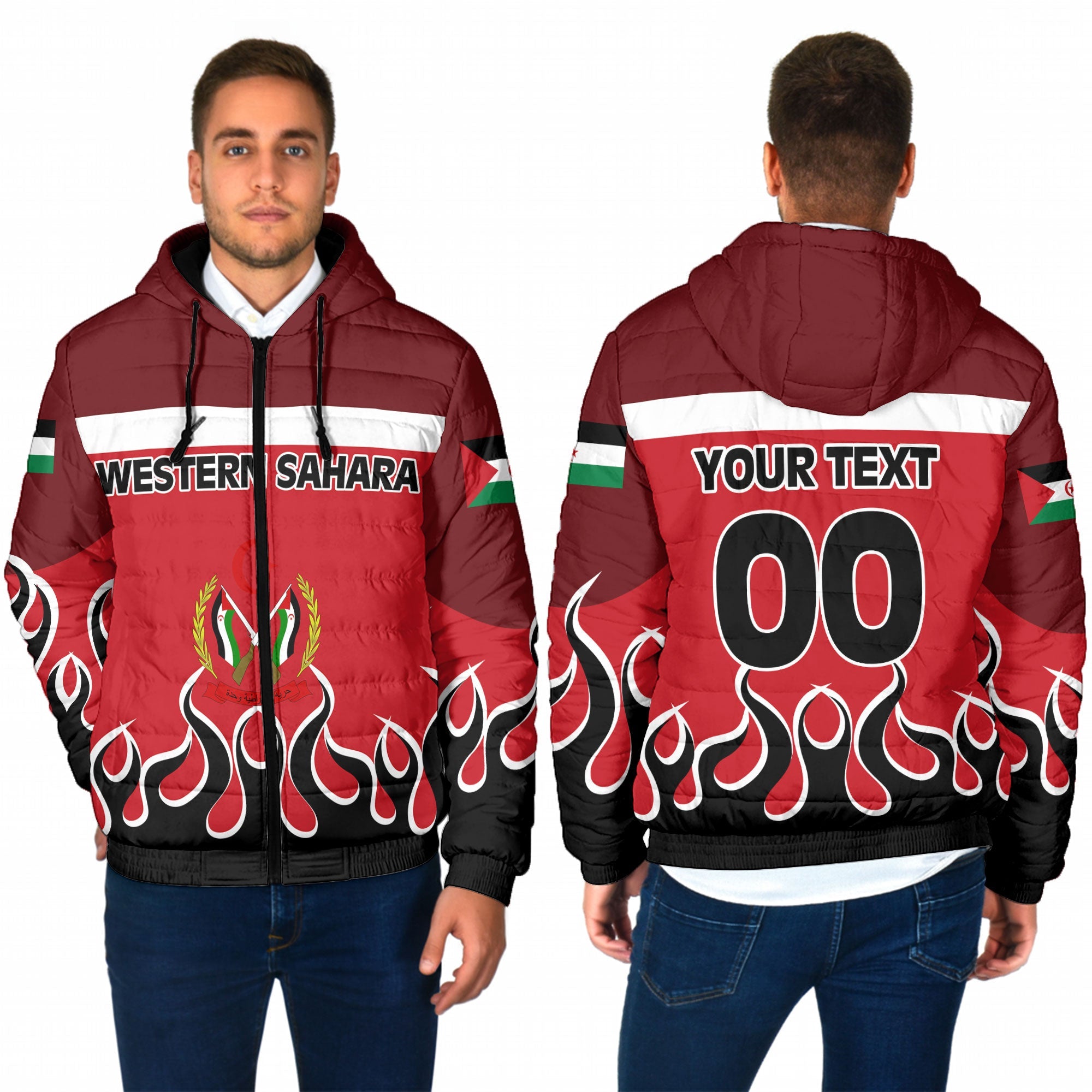 Western Sahara Men Hooded Padded Jacket Flag & Coat Of Arms Fire Hockey Style