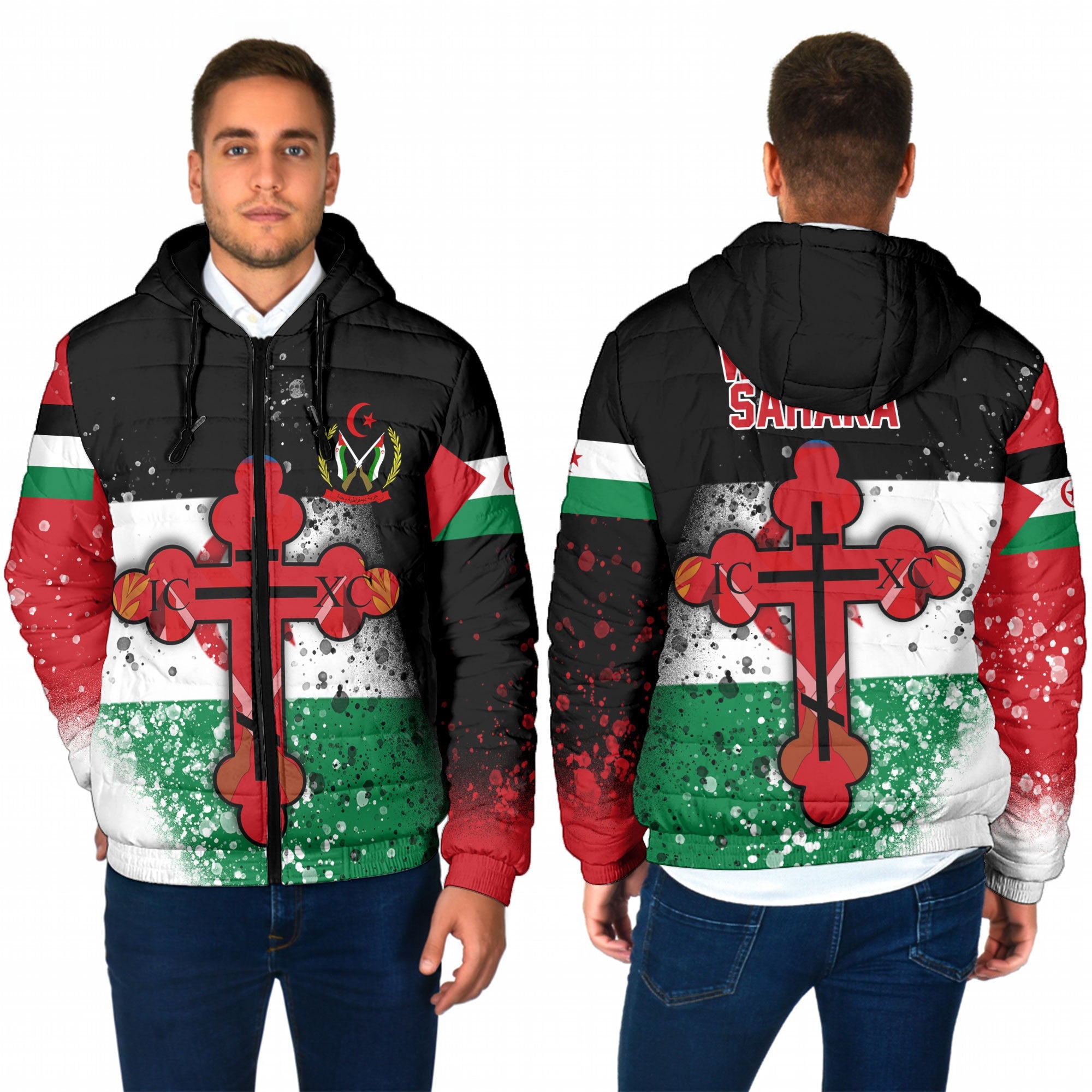 Western Sahara Men Hooded Padded Jacket Flag & Coat Of Arms Orthodox Style