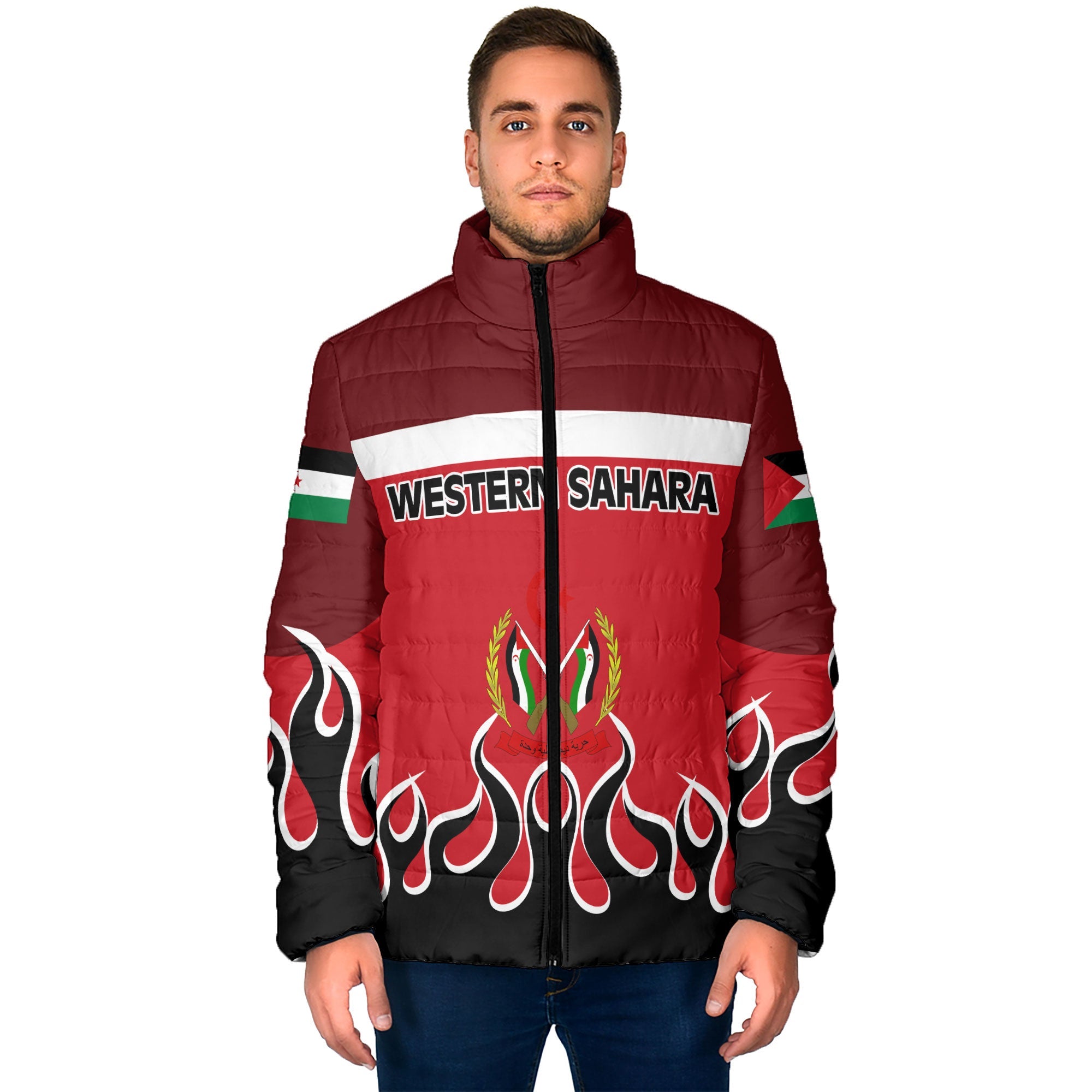 Western Sahara Men Padded Jacket Flag & Coat Of Arms Fire Hockey Style