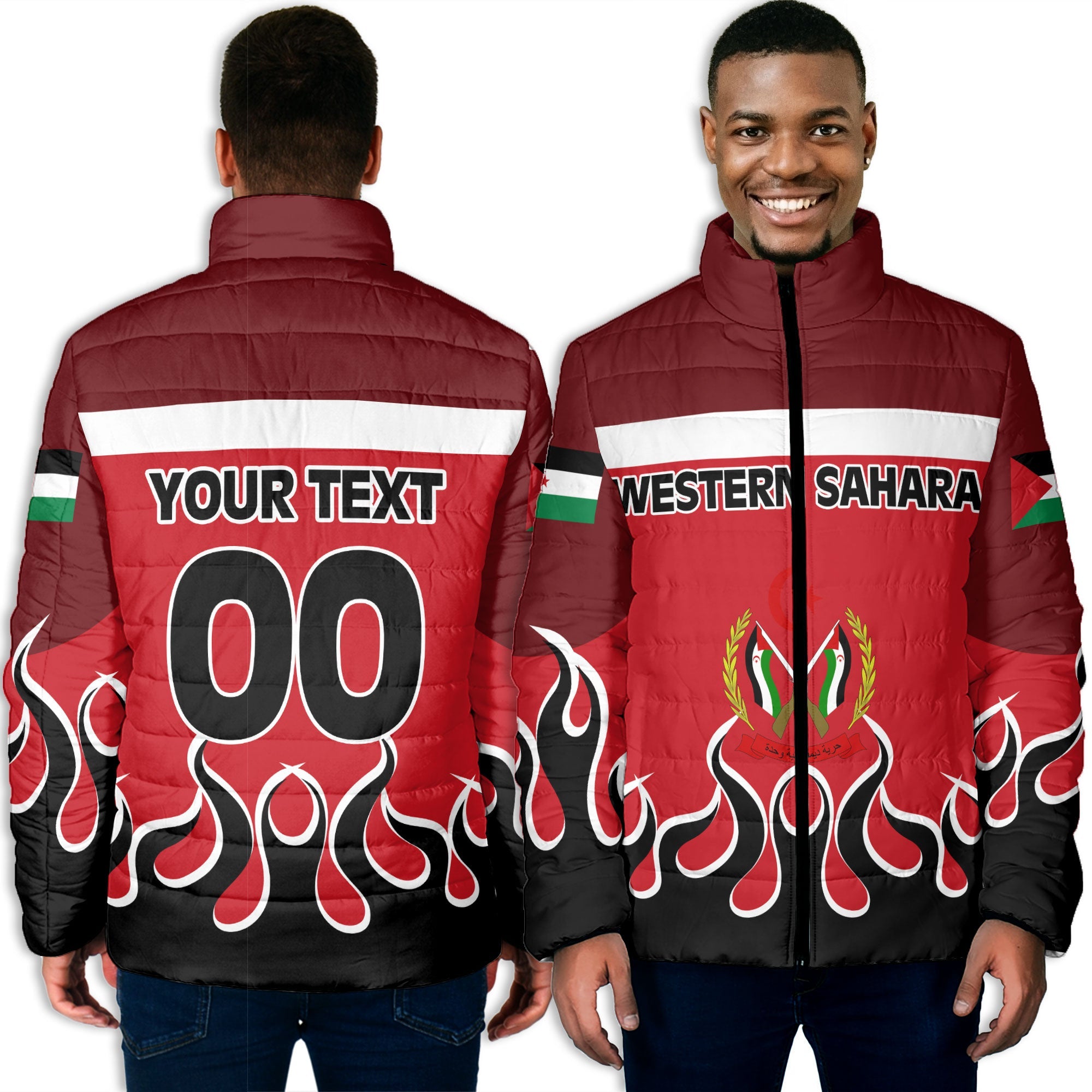 Western Sahara Men Padded Jacket Flag & Coat Of Arms Fire Hockey Style