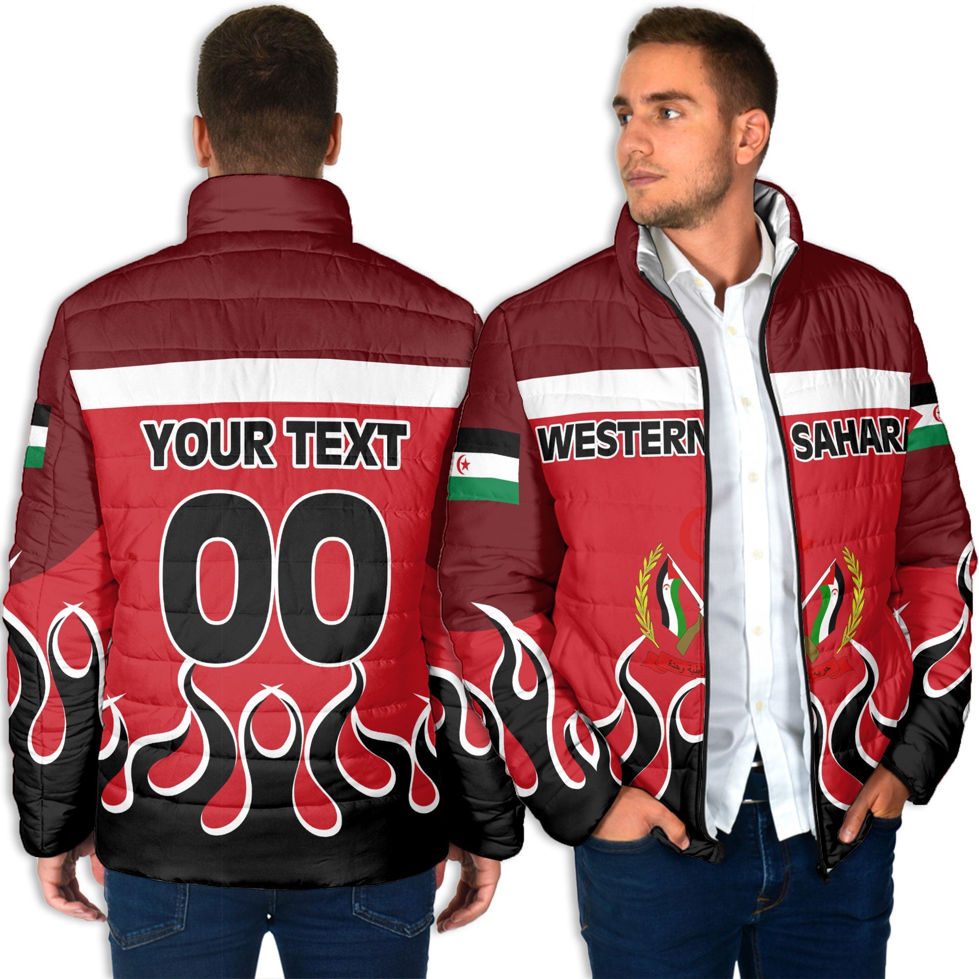 Western Sahara Men Padded Jacket Flag & Coat Of Arms Fire Hockey Style