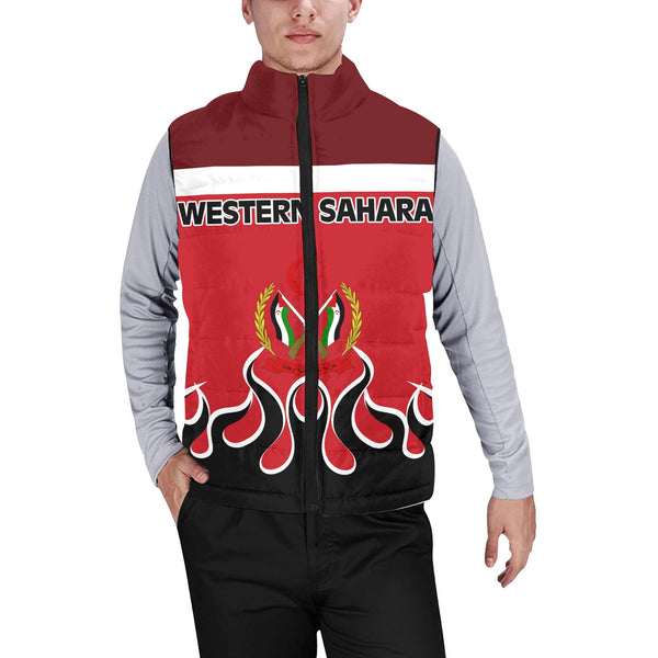 Western Sahara Men Padded Jacket Vest Flag & Coat Of Arms Fire Hockey Style