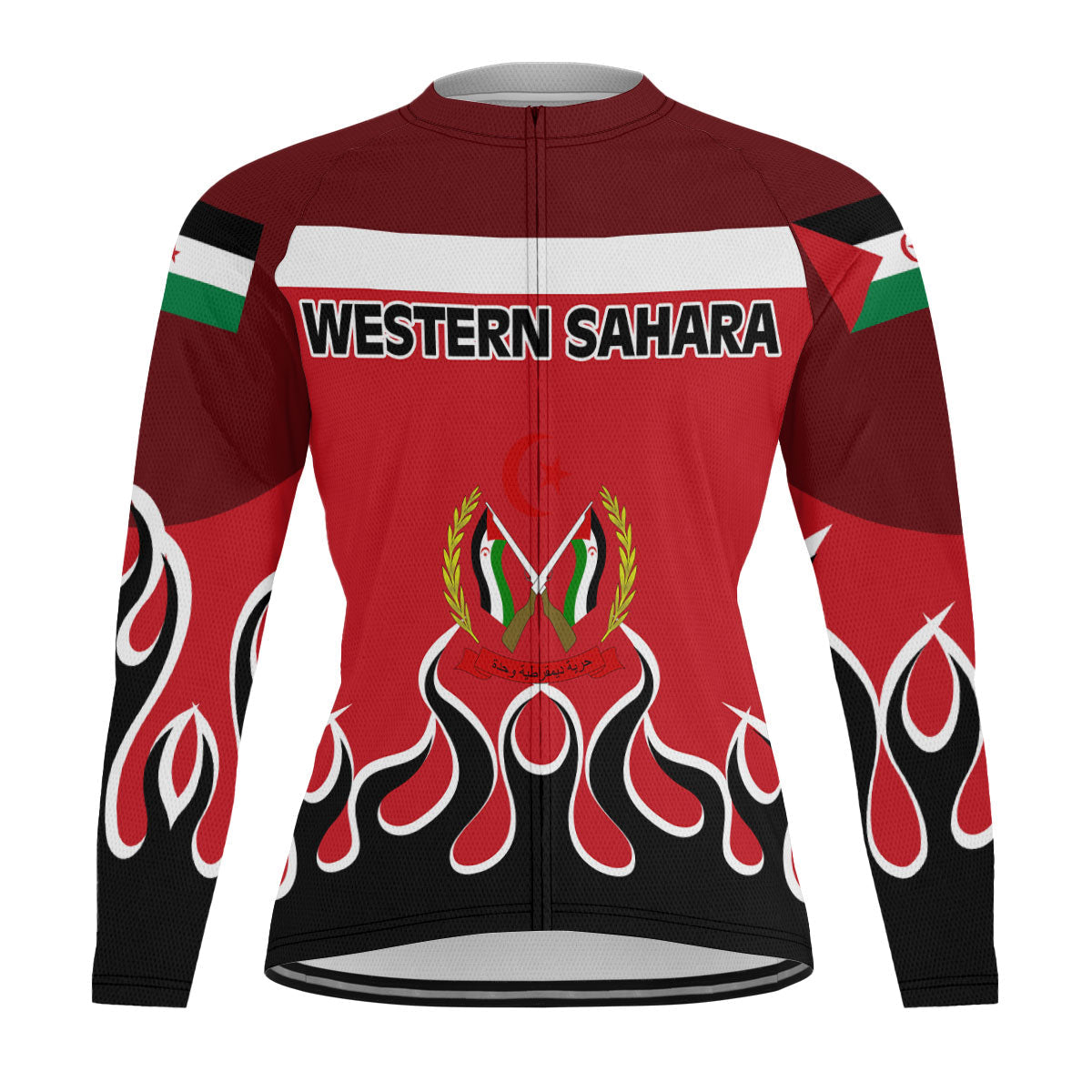 Western Sahara Men's Cycling Jersey Long Sleeve Flag & Coat Of Arms Fire Hockey Style