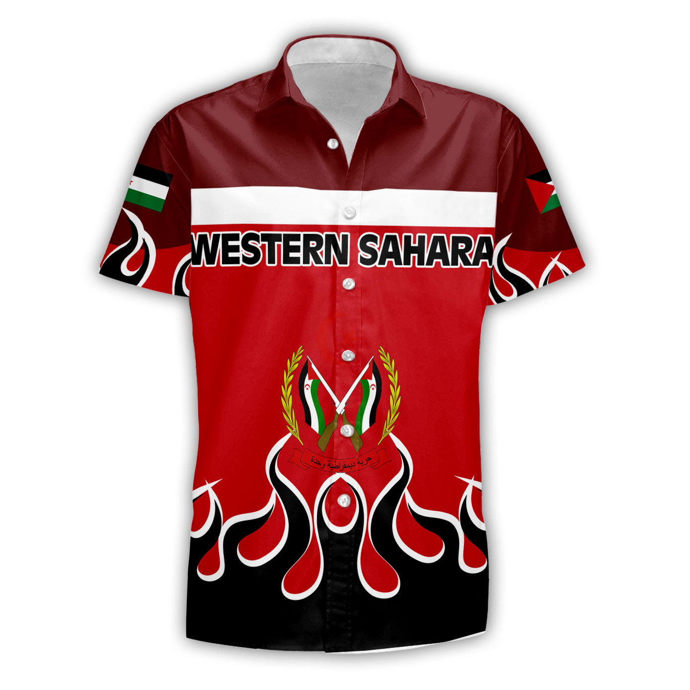 Western Sahara Short Sleeve Shirt Flag & Coat Of Arms Fire Hockey Style