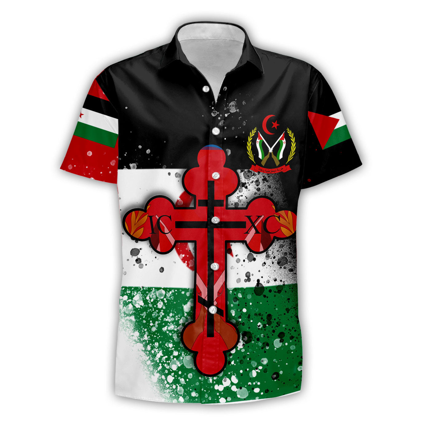 Western Sahara Short Sleeve Shirt Flag & Coat Of Arms Orthodox Style