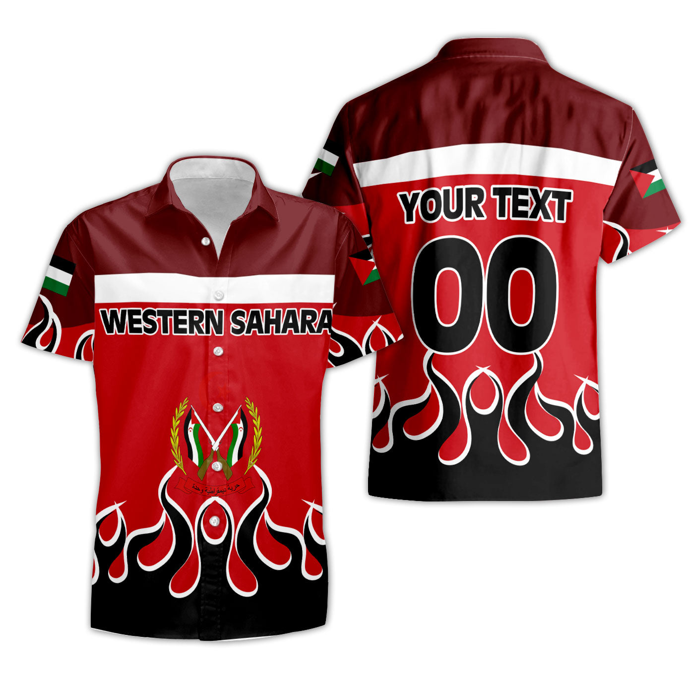 Western Sahara Short Sleeve Shirt Flag & Coat Of Arms Fire Hockey Style