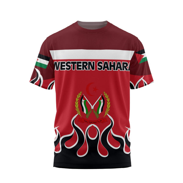 Western Sahara T Shirt Flag & Coat Of Arms Fire Hockey Style