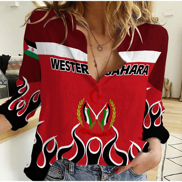 Western Sahara Women Casual Shirt Flag & Coat Of Arms Fire Hockey Style