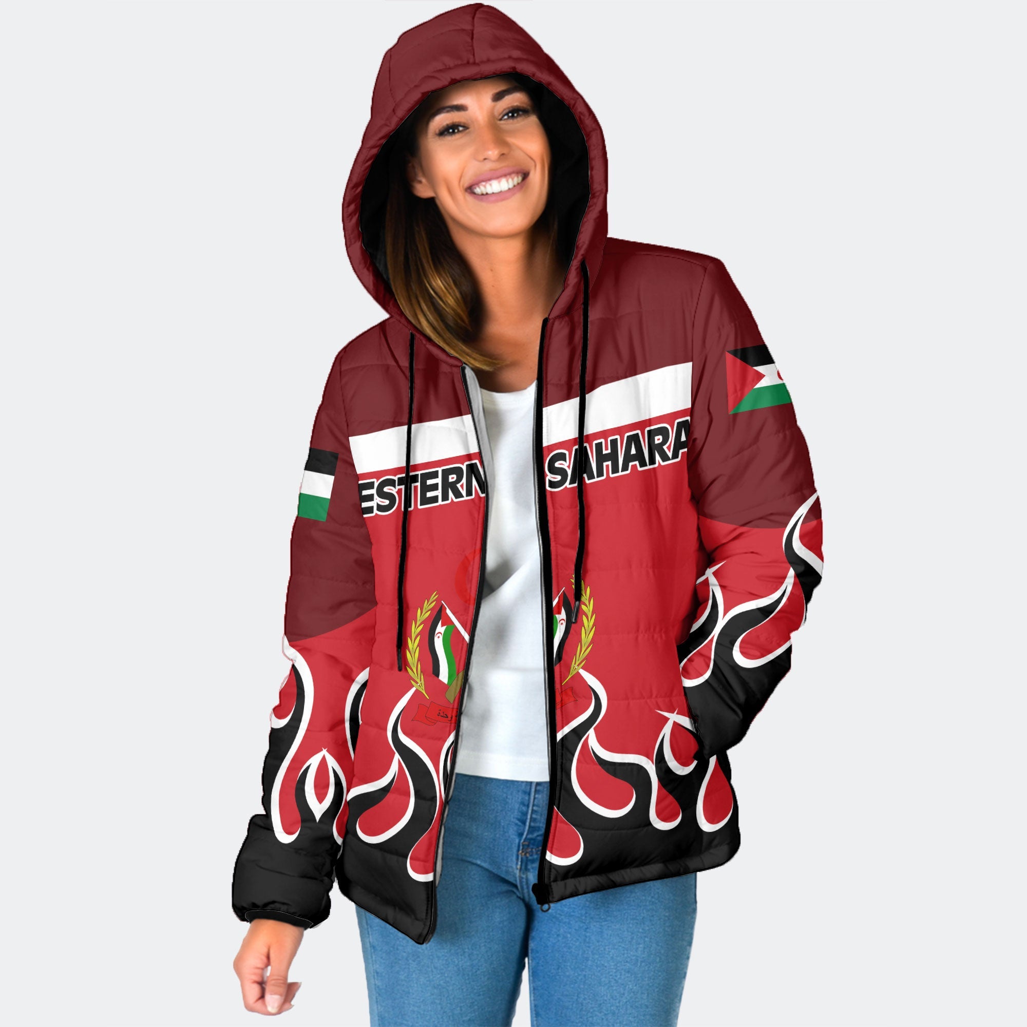 Western Sahara Women Hooded Padded Jacket Flag & Coat Of Arms Fire Hockey Style