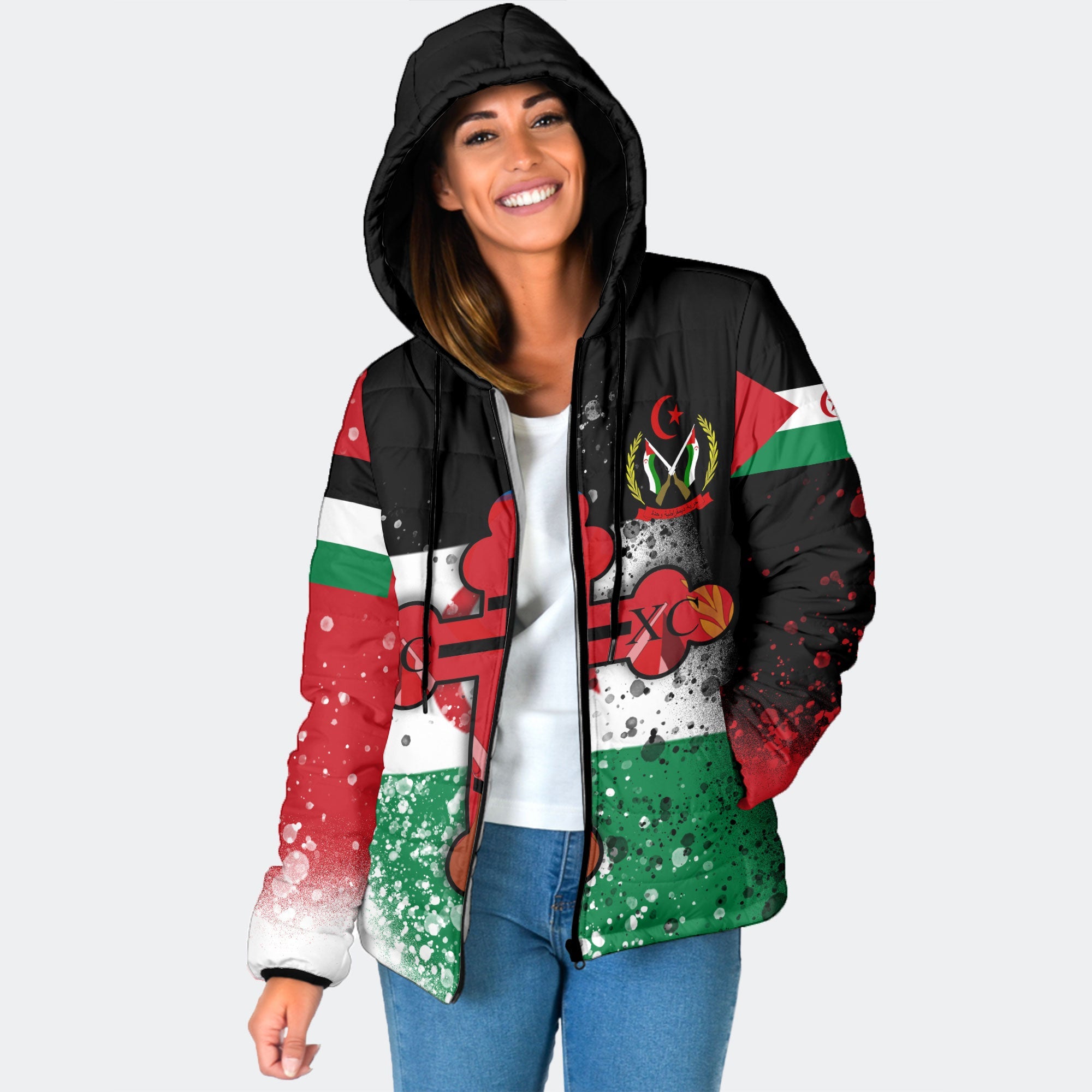 Western Sahara Women Hooded Padded Jacket Flag & Coat Of Arms Orthodox Style