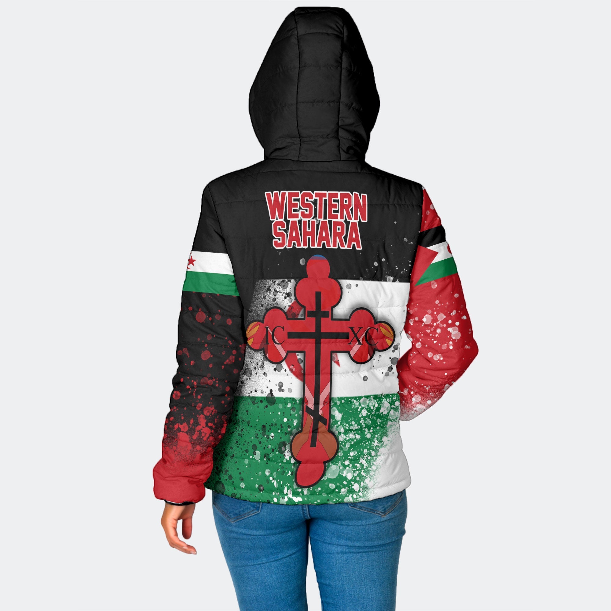 Western Sahara Women Hooded Padded Jacket Flag & Coat Of Arms Orthodox Style