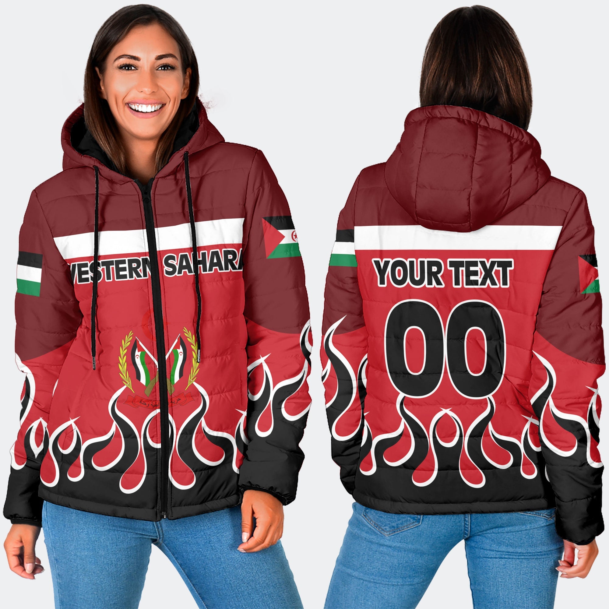 Western Sahara Women Hooded Padded Jacket Flag & Coat Of Arms Fire Hockey Style