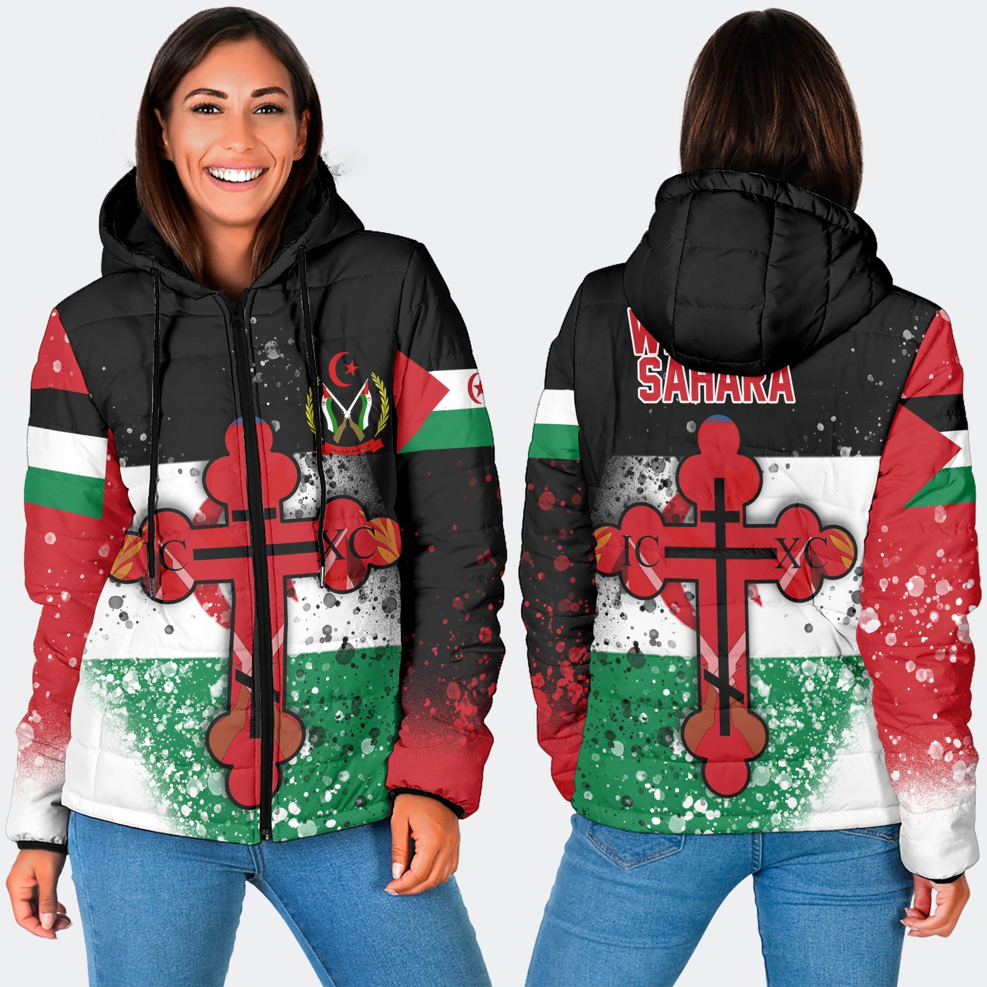 Western Sahara Women Hooded Padded Jacket Flag & Coat Of Arms Orthodox Style