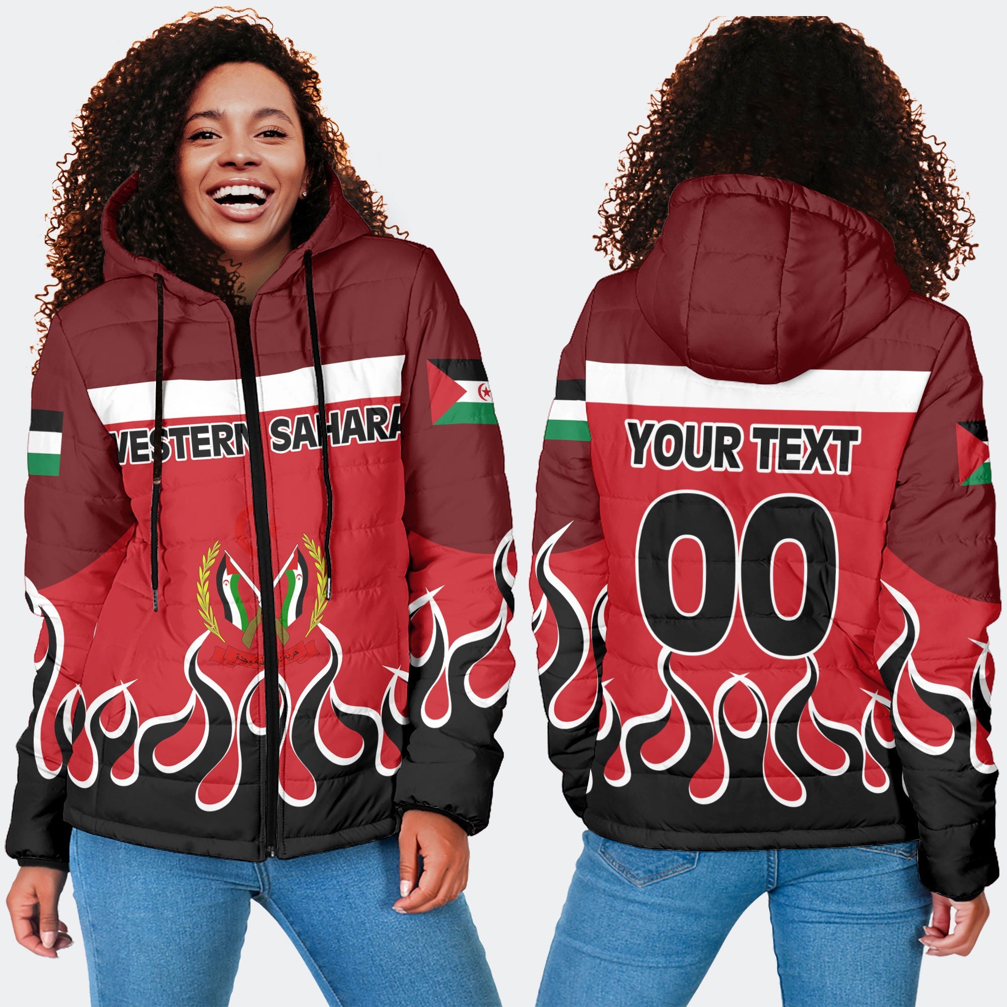 Western Sahara Women Hooded Padded Jacket Flag & Coat Of Arms Fire Hockey Style