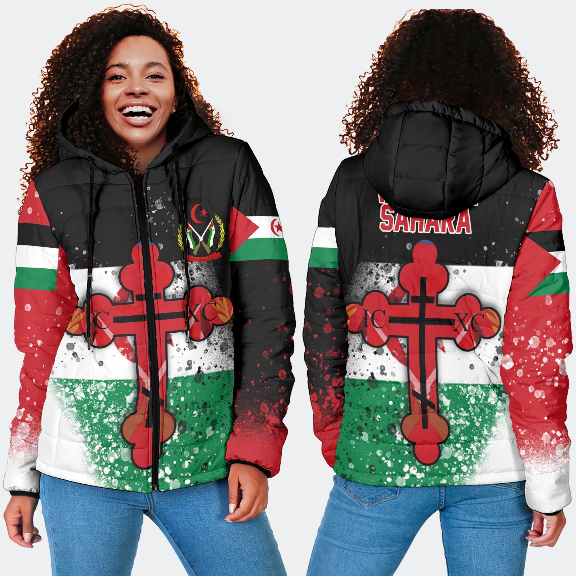 Western Sahara Women Hooded Padded Jacket Flag & Coat Of Arms Orthodox Style