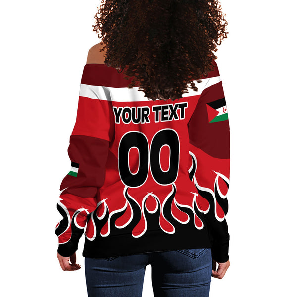 Western Sahara Women Off Shoulder Sweatshirt Flag & Coat Of Arms Fire Hockey Style