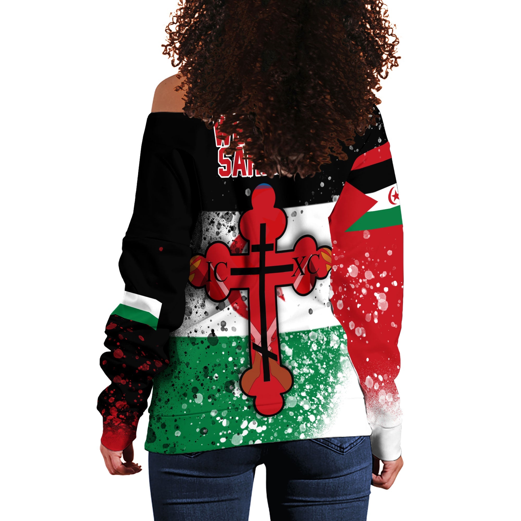 Western Sahara Women Off Shoulder Sweatshirt Flag & Coat Of Arms Orthodox Style