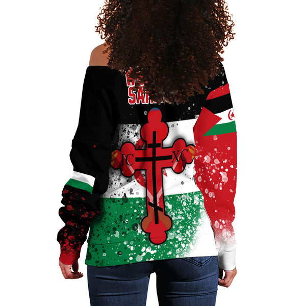 Western Sahara Women Off Shoulder Sweatshirt Flag & Coat Of Arms Orthodox Style