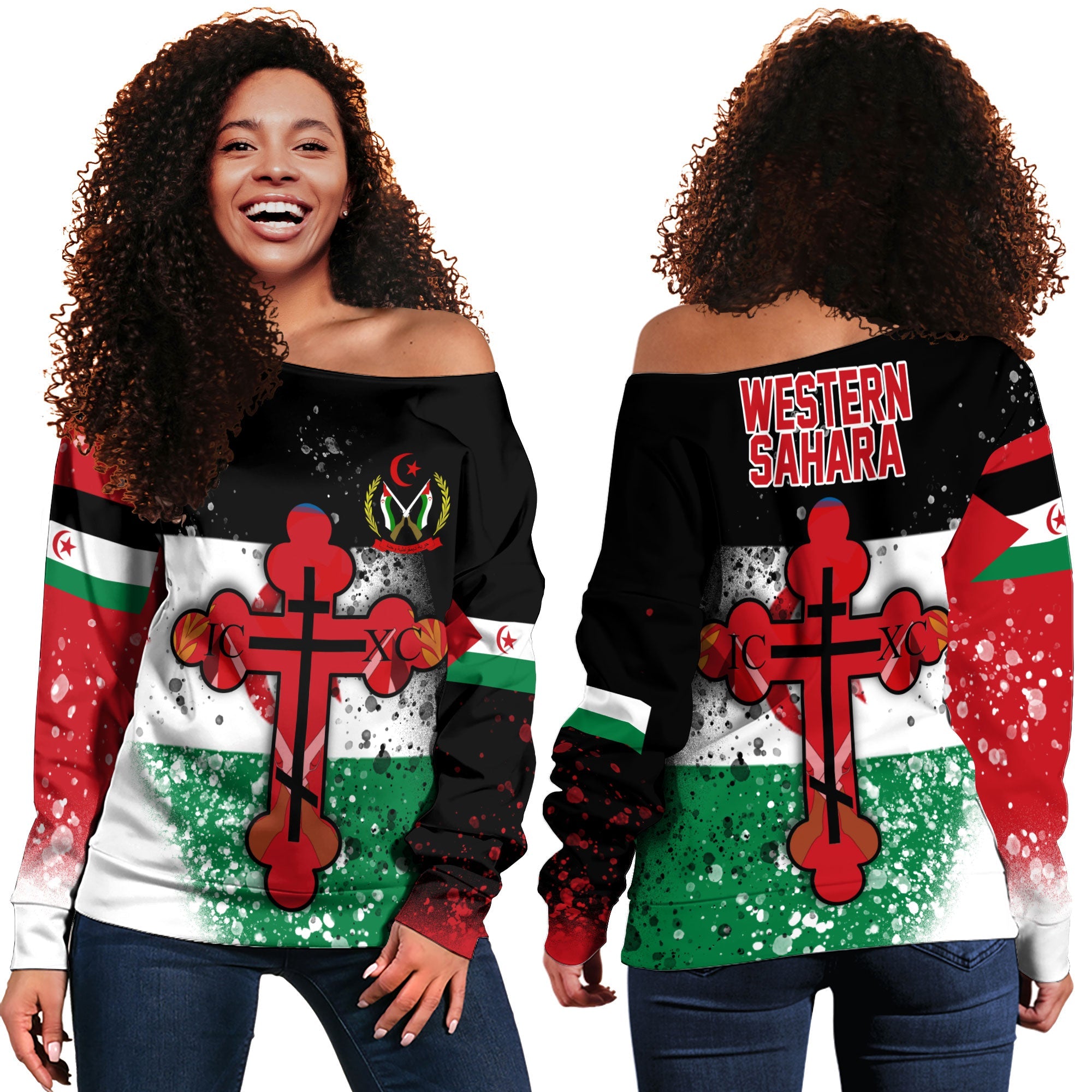 Western Sahara Women Off Shoulder Sweatshirt Flag & Coat Of Arms Orthodox Style