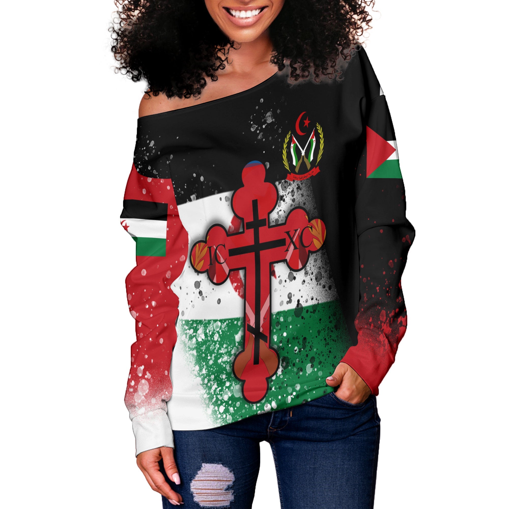 Western Sahara Women Off Shoulder Sweatshirt Flag & Coat Of Arms Orthodox Style