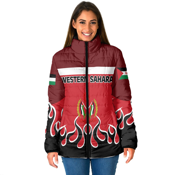 Western Sahara Women Padded Jacket Flag & Coat Of Arms Fire Hockey Style