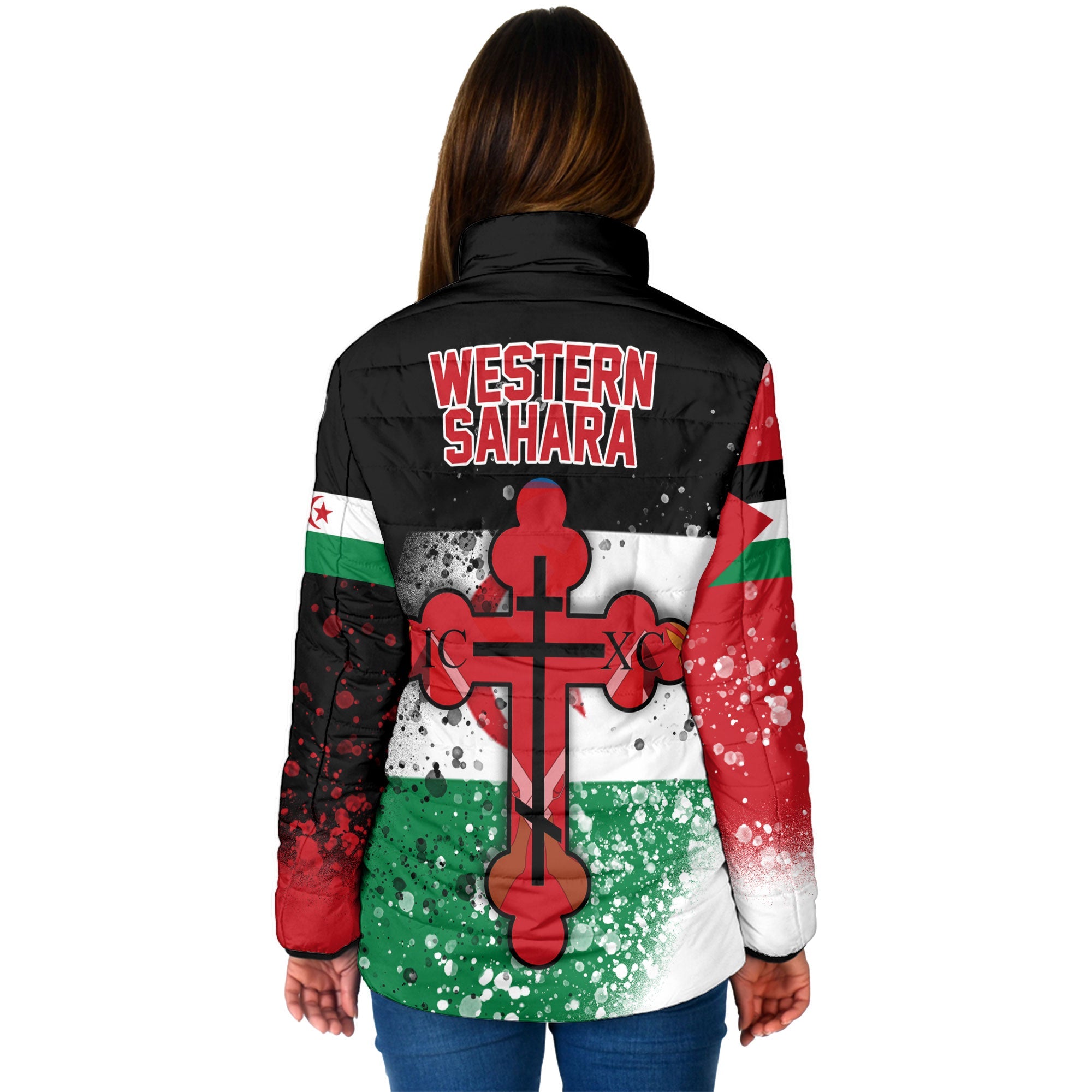 Western Sahara Women Padded Jacket Flag & Coat Of Arms Orthodox Style