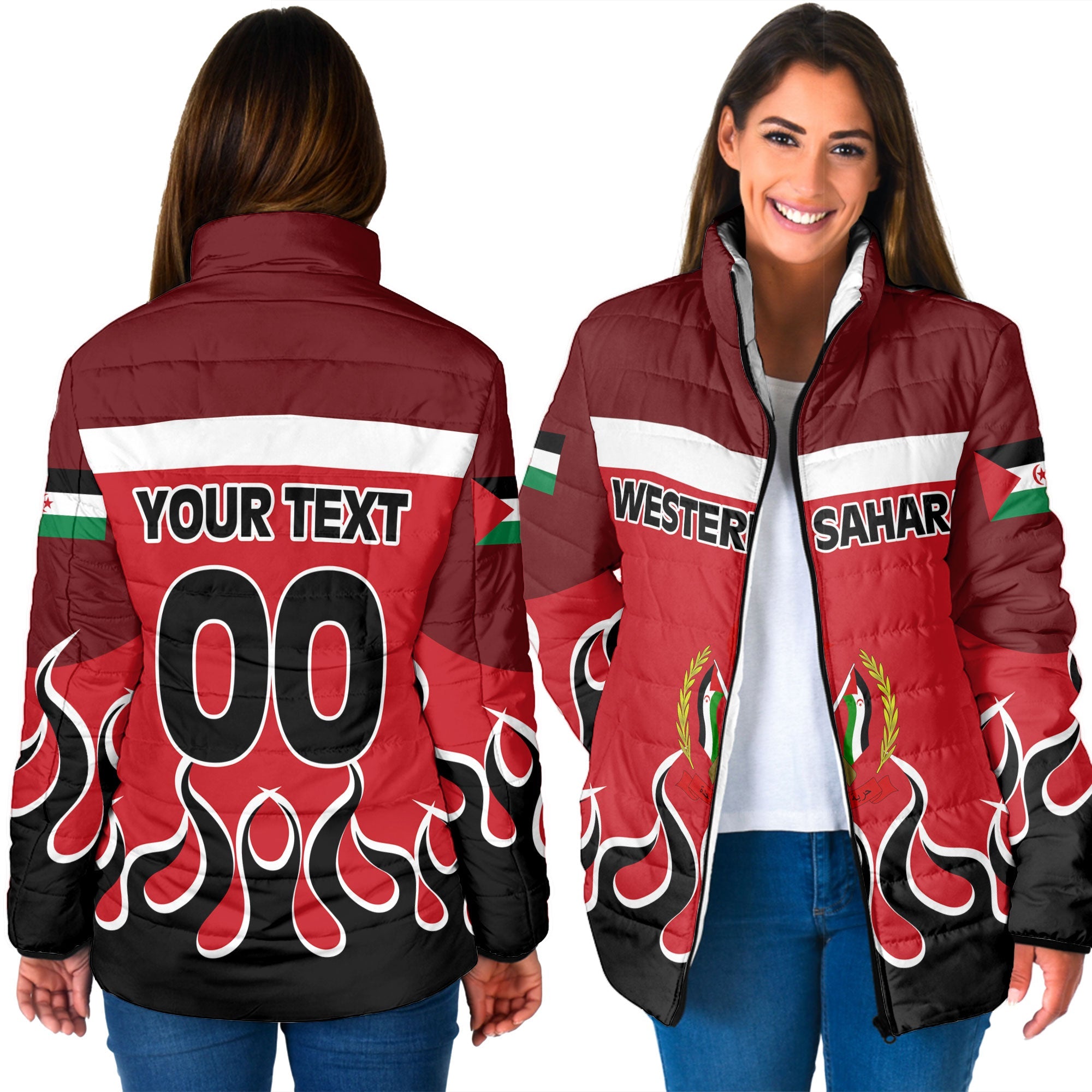 Western Sahara Women Padded Jacket Flag & Coat Of Arms Fire Hockey Style