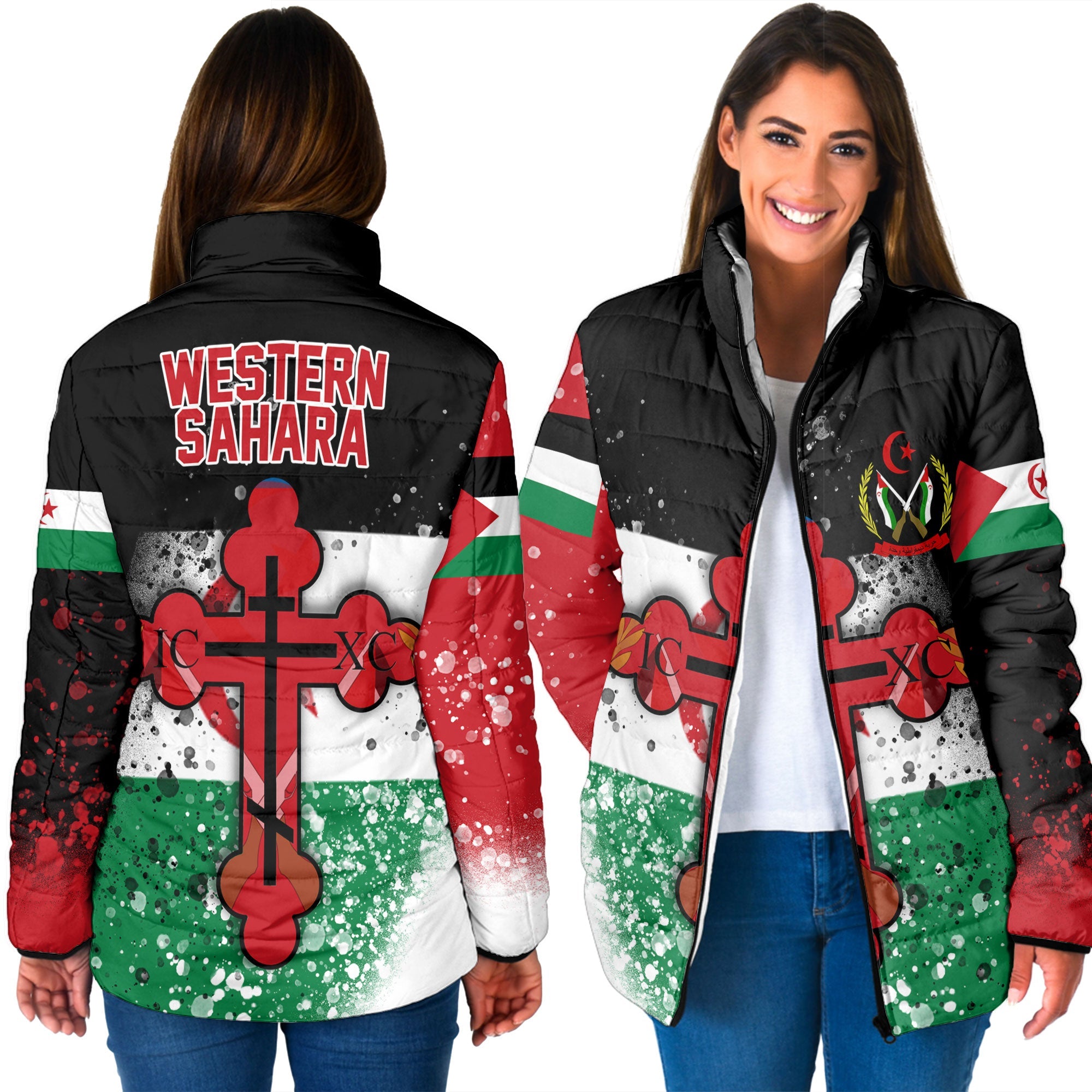 Western Sahara Women Padded Jacket Flag & Coat Of Arms Orthodox Style