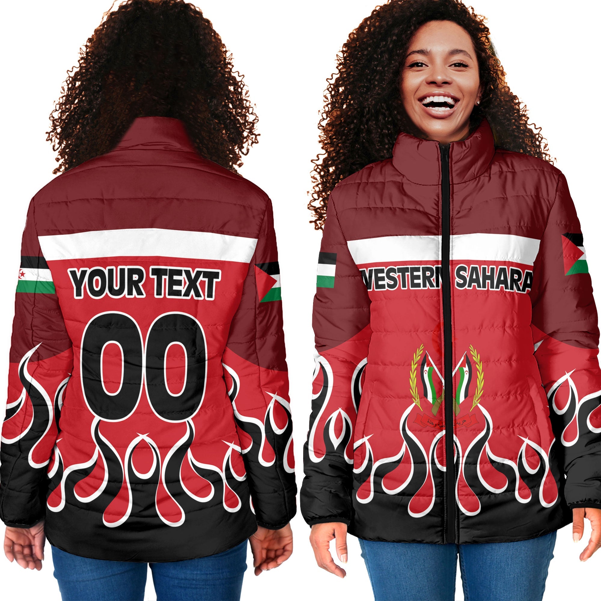 Western Sahara Women Padded Jacket Flag & Coat Of Arms Fire Hockey Style