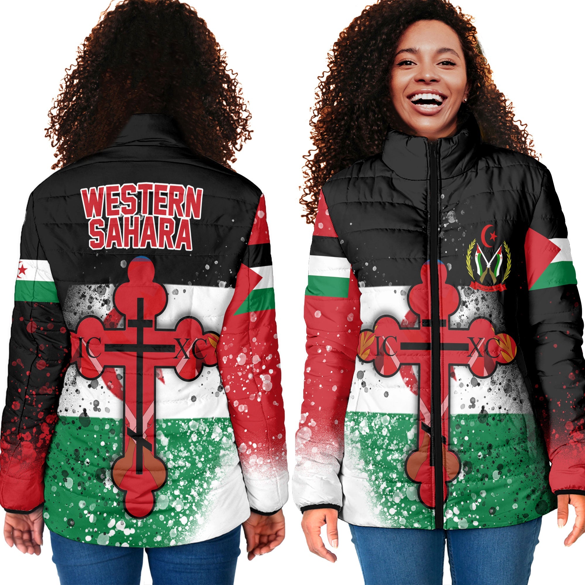 Western Sahara Women Padded Jacket Flag & Coat Of Arms Orthodox Style