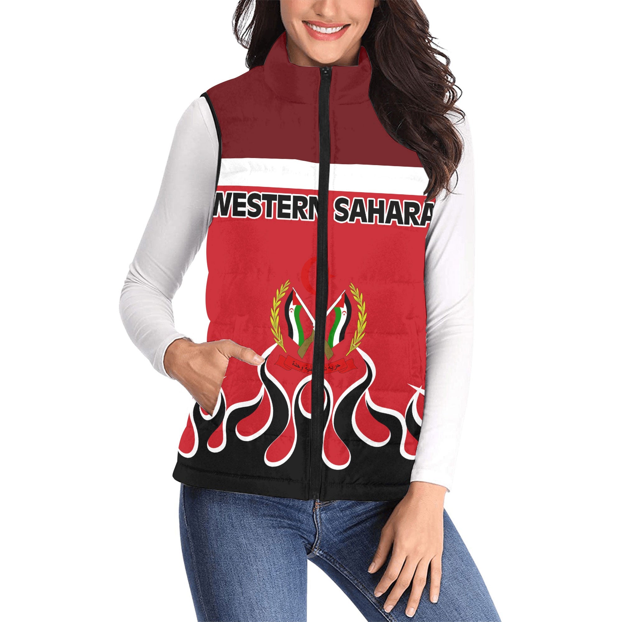 Western Sahara Women Padded Jacket Vest Flag & Coat Of Arms Fire Hockey Style