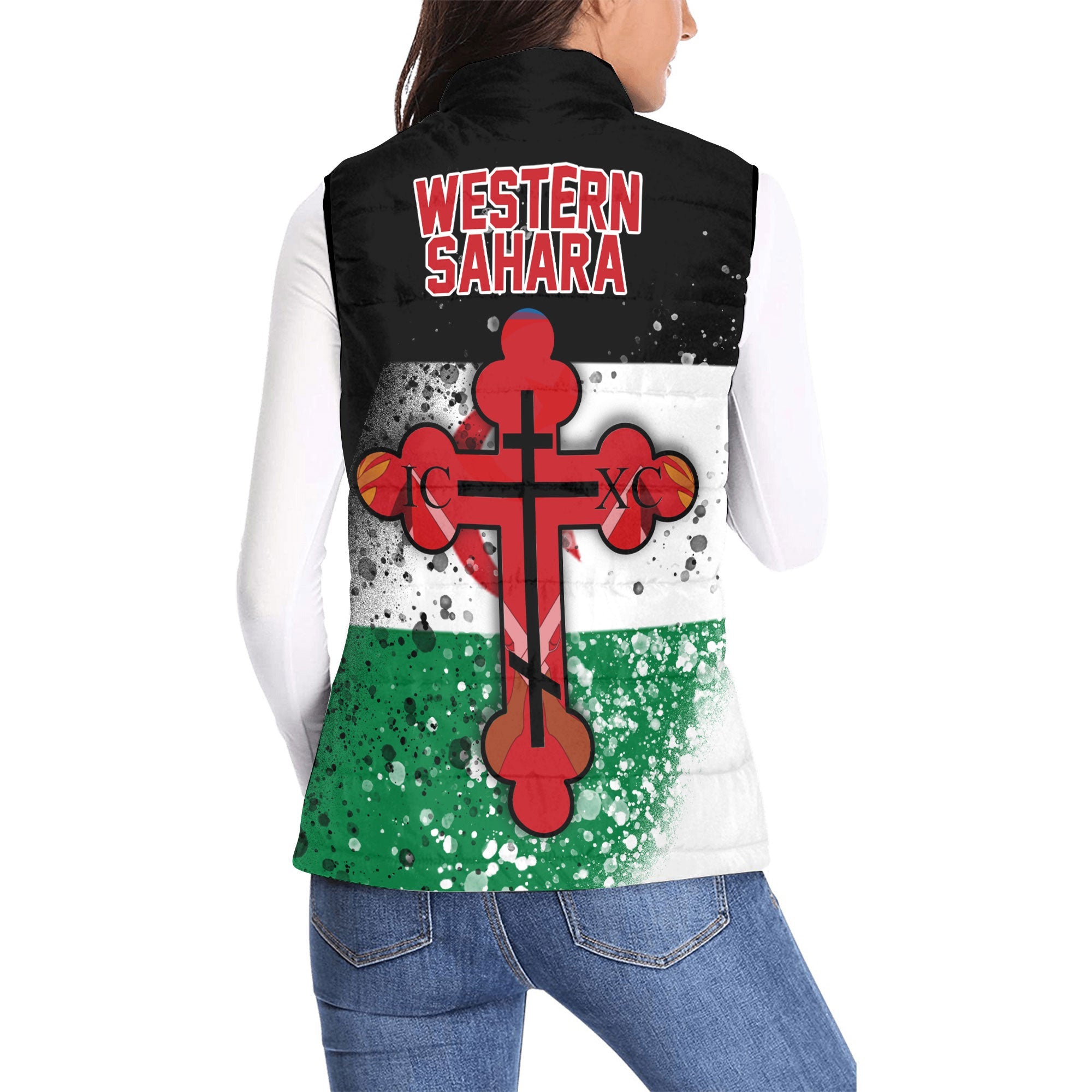 Western Sahara Women Padded Jacket Vest Flag & Coat Of Arms Orthodox Style