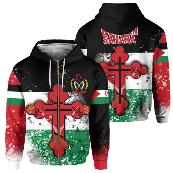 Western Sahara Zip Hoodie Flag & Coat Of Arms Orthodox Style