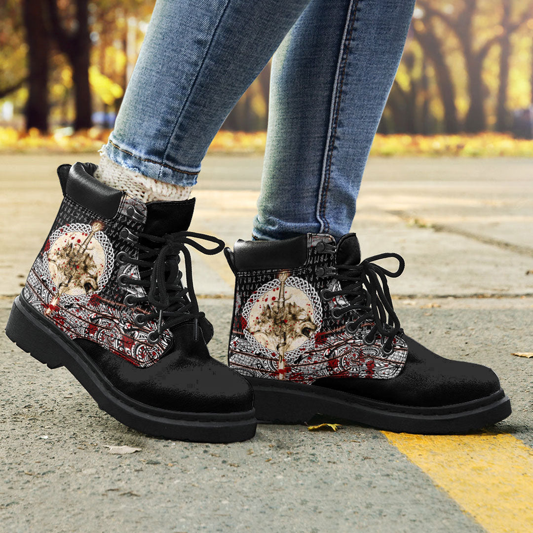 Viking All Season Boots Wolf and Viking Tattoo Blood Style