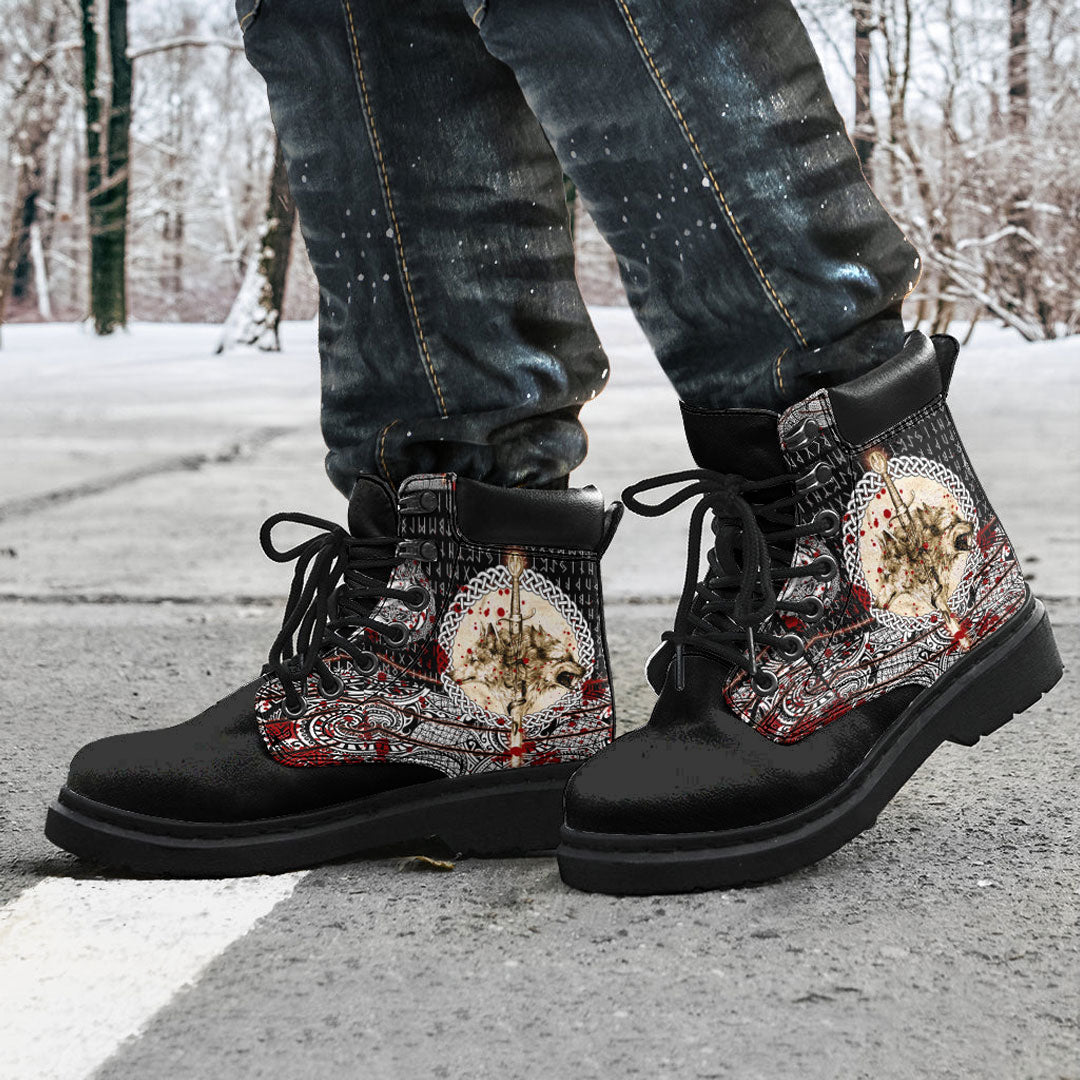 Viking All Season Boots Wolf and Viking Tattoo Blood Style