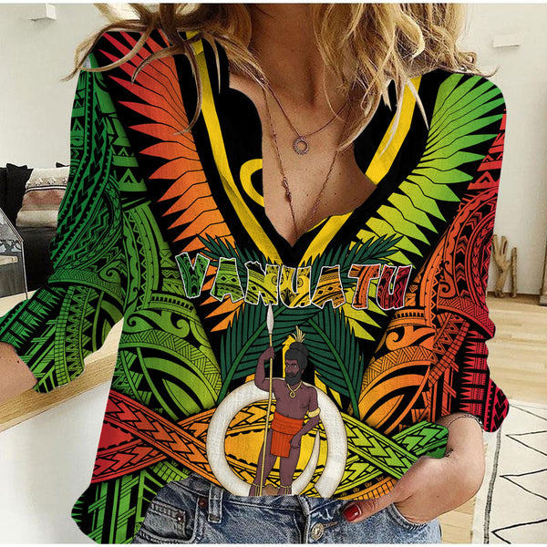 Vanuatu Women Casual Shirt Coat Of Arms Reggae Style