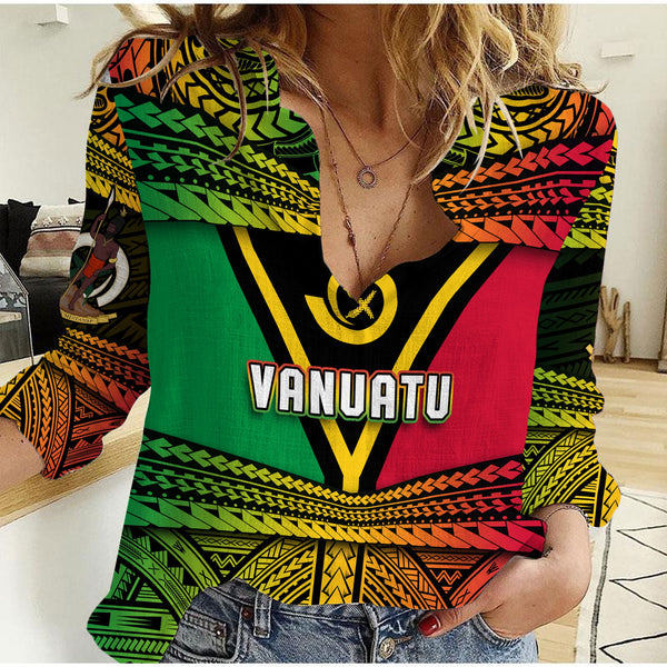 Custom Vanuatu Flag & Coat Of Arms Women Casual Shirt Reggae Style