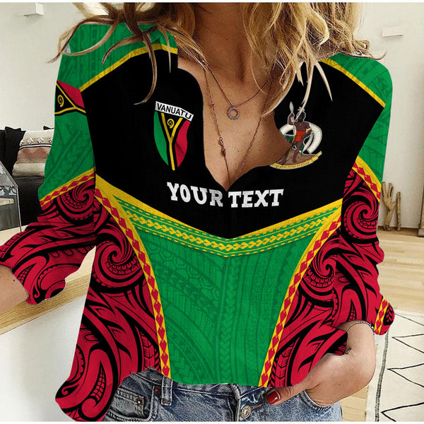 Custom Vanuatu Flag & Coat Of Arms Women Casual Shirt Black Style