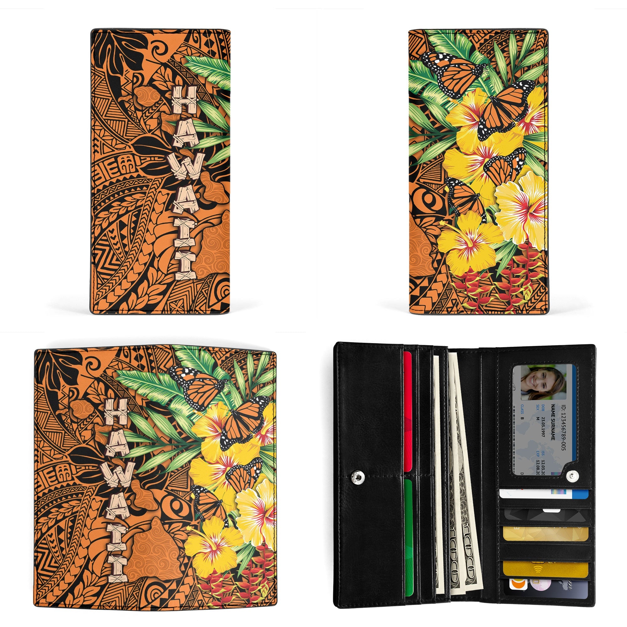 Hawaii Leather Wallet Kamehameha Butterfly Tropical Style