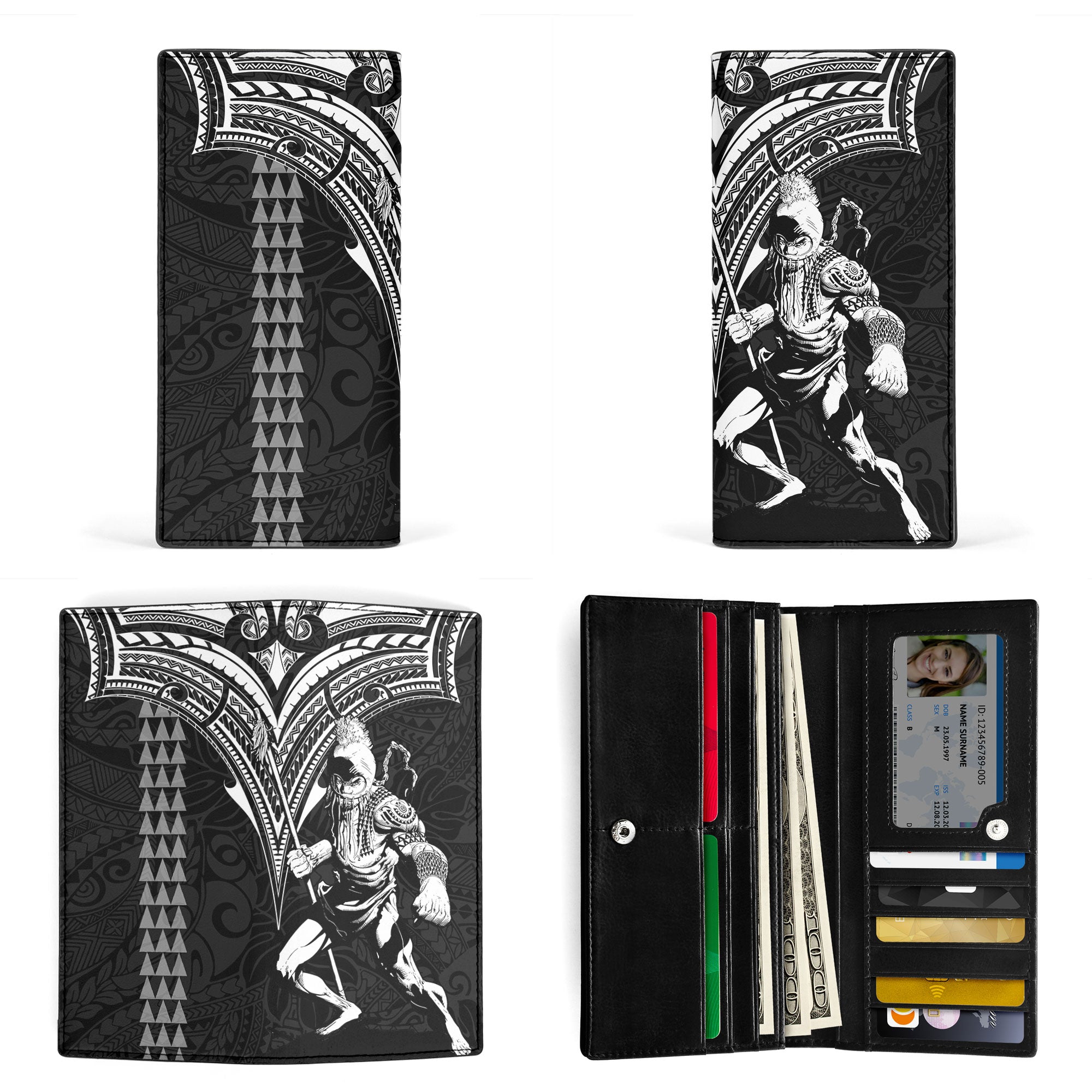 Hawaii Ikaika Warrior Leather Wallet Polynesian Tattoo Style