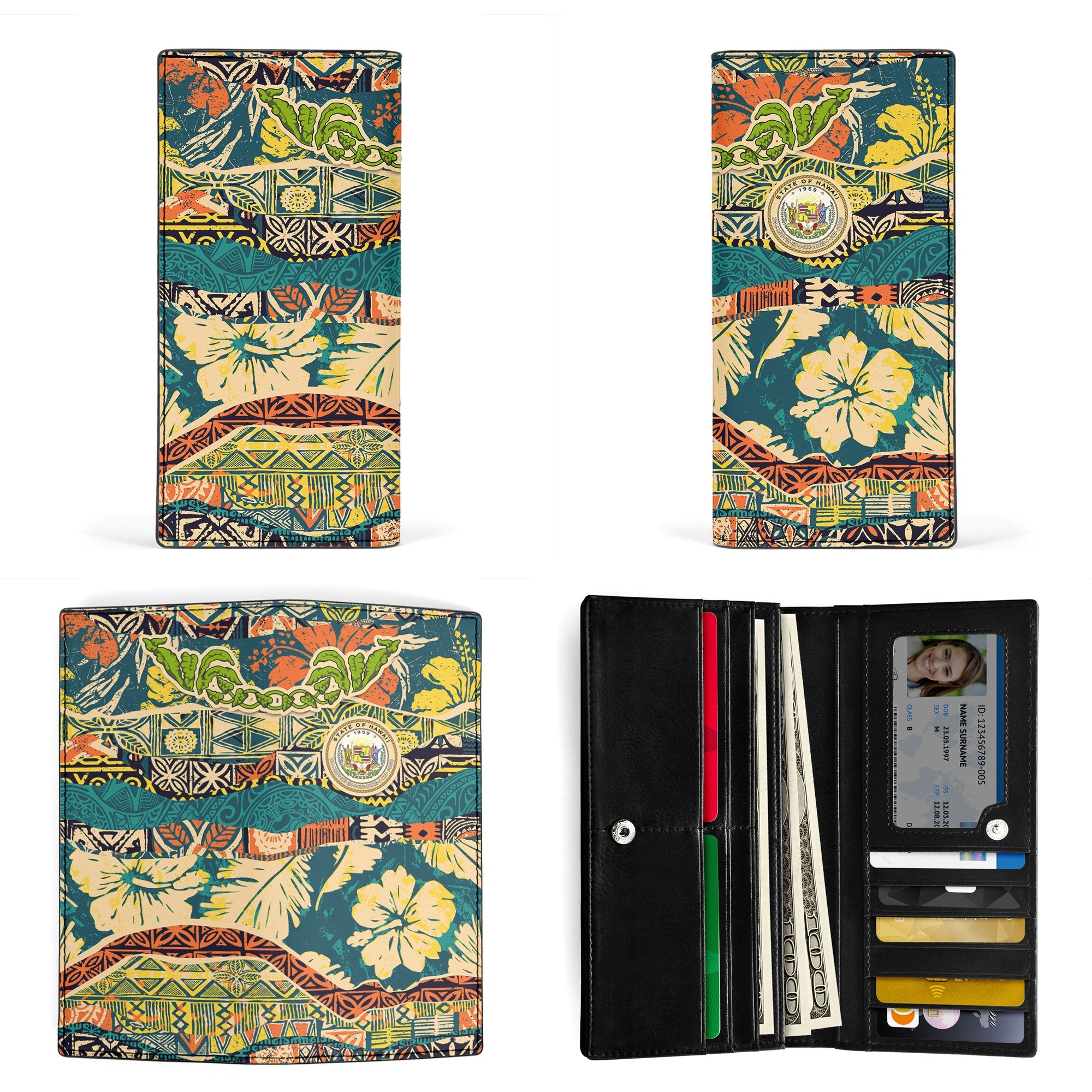 Hawaii Flag Leather Wallet Coat Of Arm Style