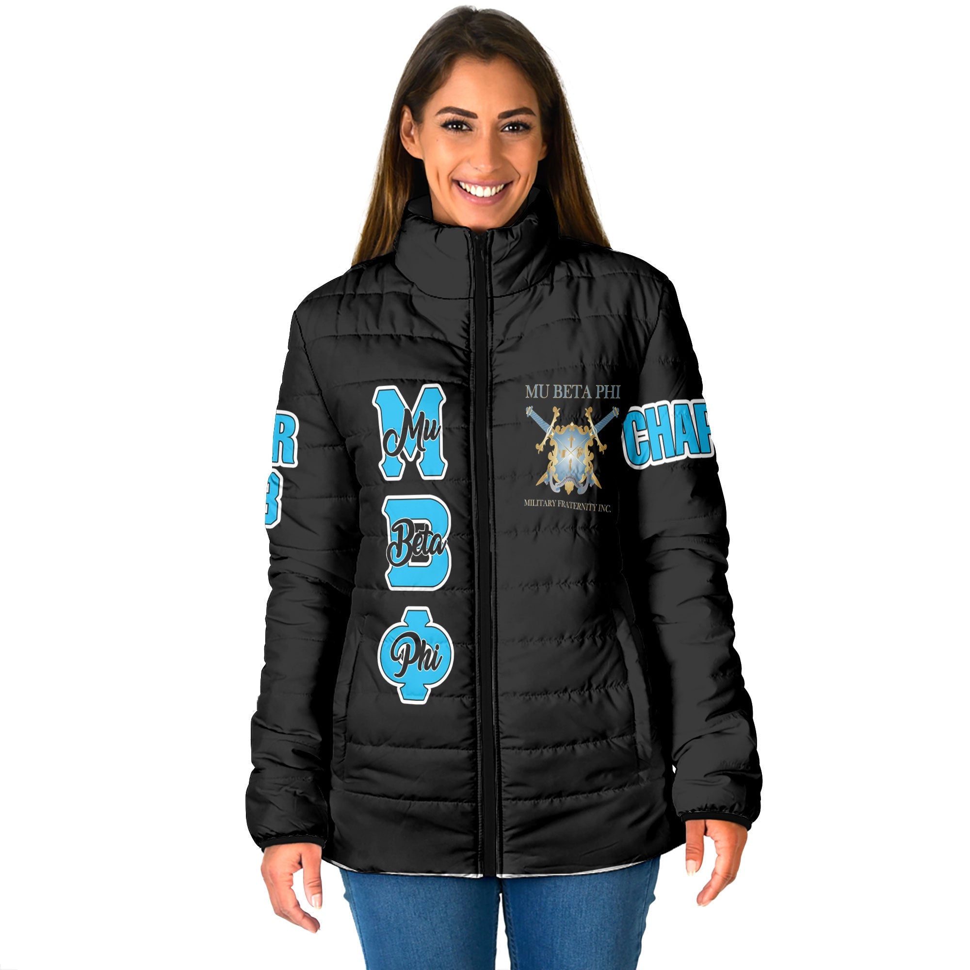 Fraternity Jacket - Personalized Mu Beta Phi Women Padded Jacket Original Dark Style