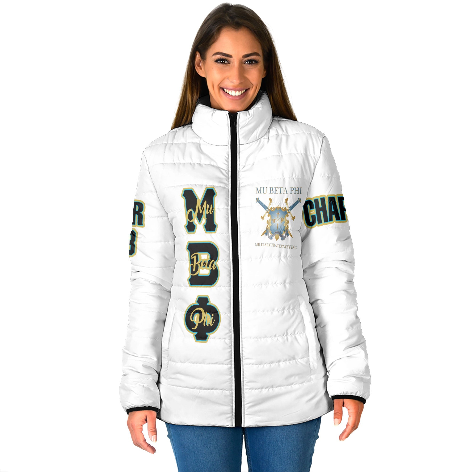 Fraternity Jacket - Personalized Mu Beta Phi Women Padded Jacket Original White Style