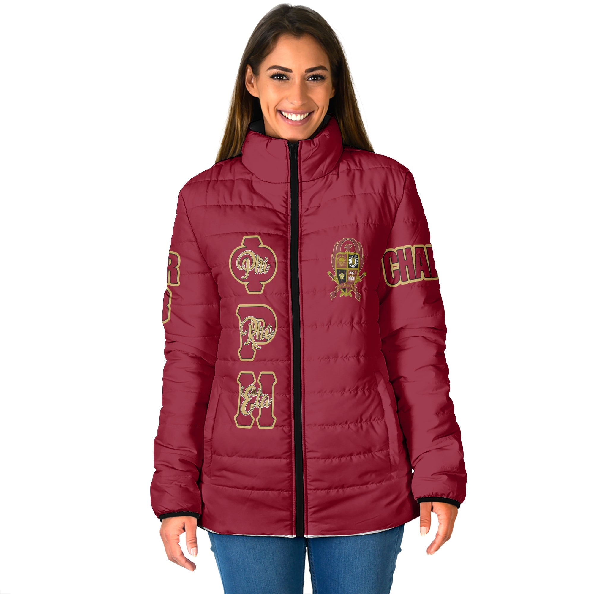 Fraternity Jacket - Personalized Phi Rho Eta Women Padded Jacket Original Maroon Style