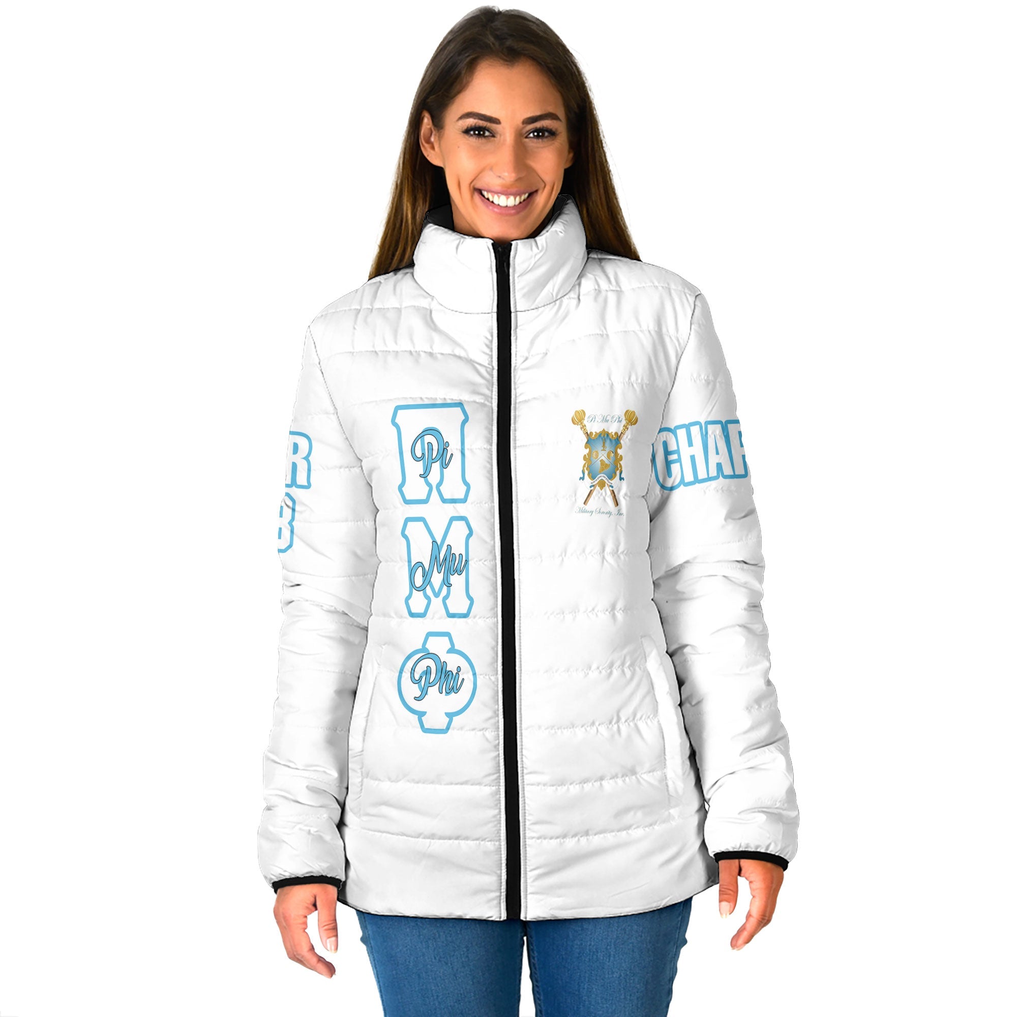 Sorority Jacket - Personalized Pi Mu Phi Women Padded Jacket Original White Style