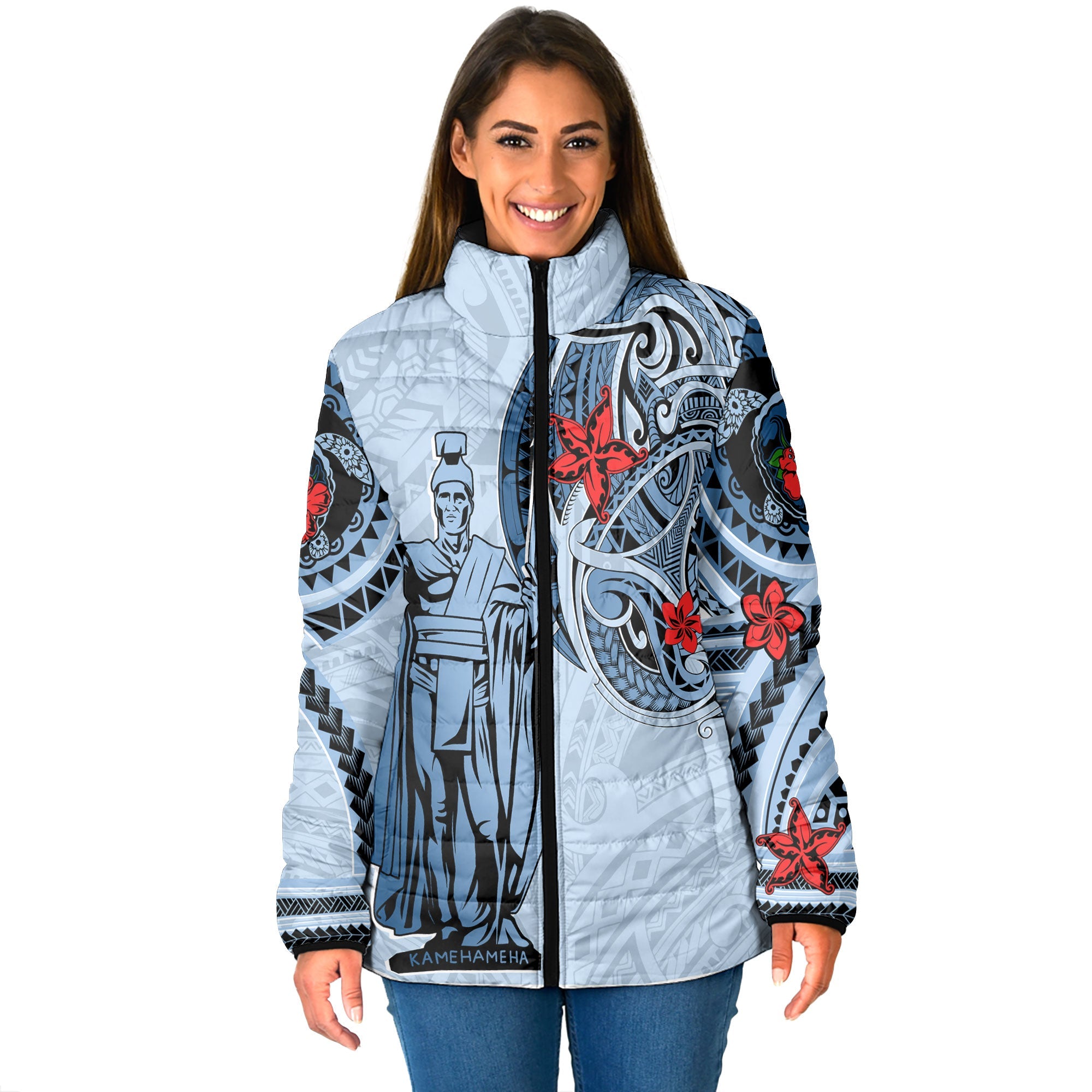 Custom King Kamehameha Hawaiian Women Padded Jacket Sea Green Plumeria Style