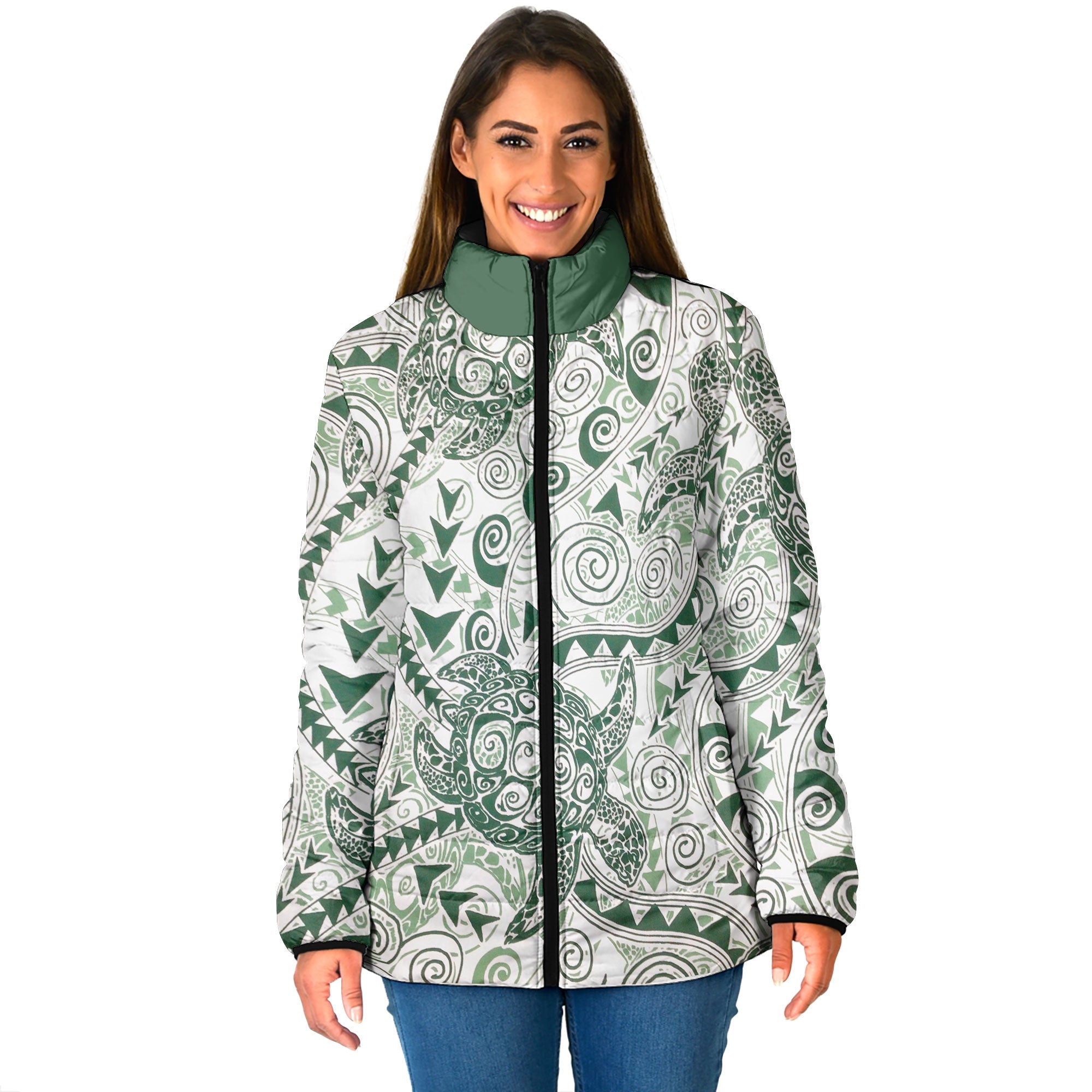 Hawaii Polynesian Turtle Women Padded Jacket Green Style