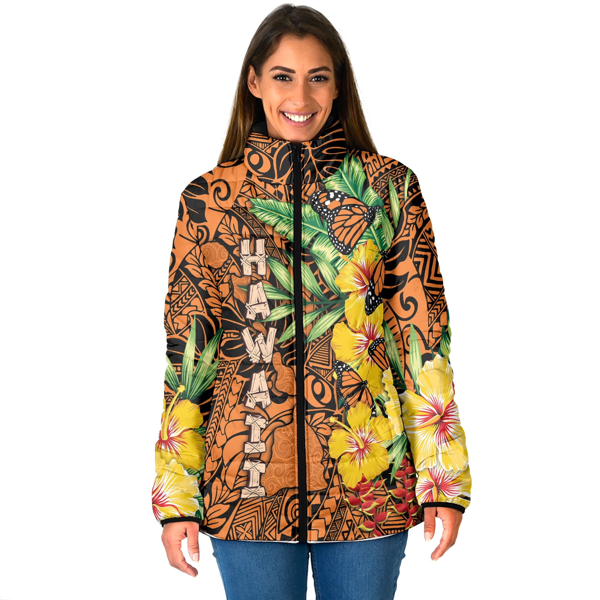 Hawaii Women Padded Jacket Kamehameha Butterfly Tropical Style