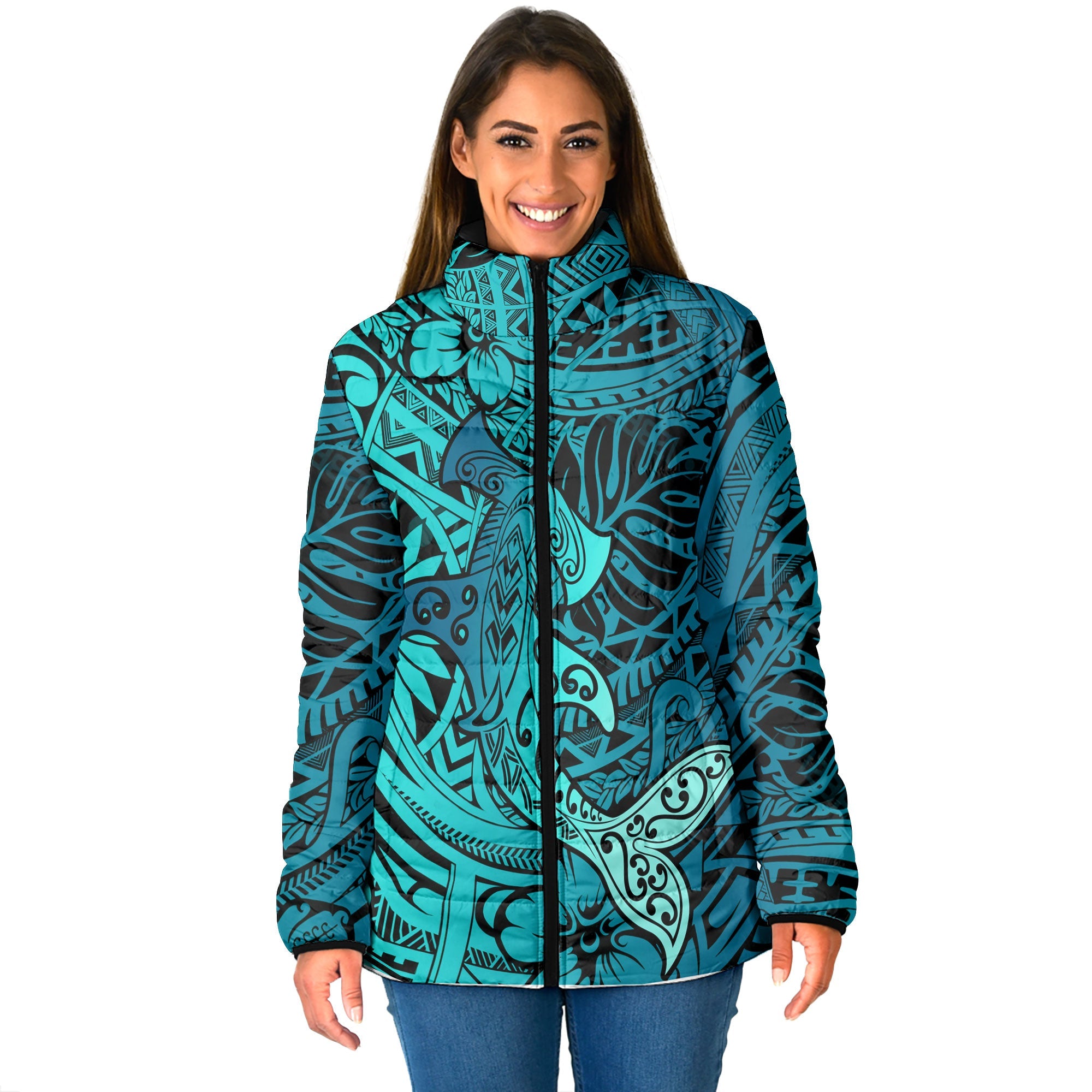 Hawaii Hammerhead Shark Women Padded Jacket Light See Blue Style