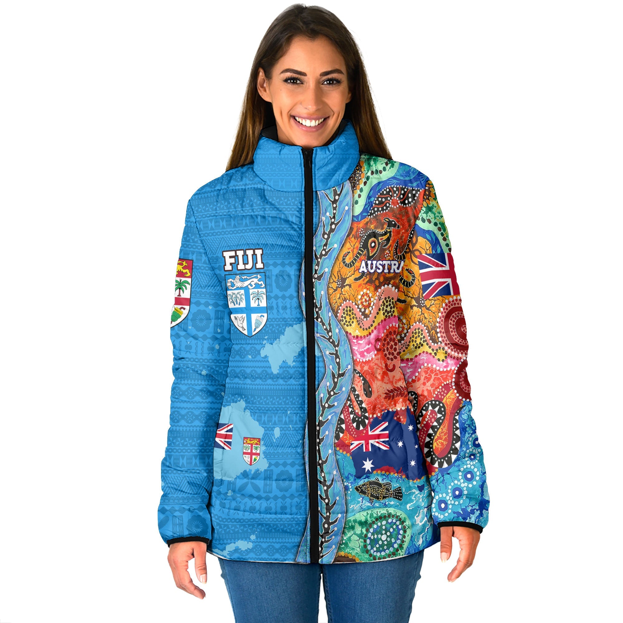 Custom Fiji Tapa & Australia Aboriginal Women Padded Jacket